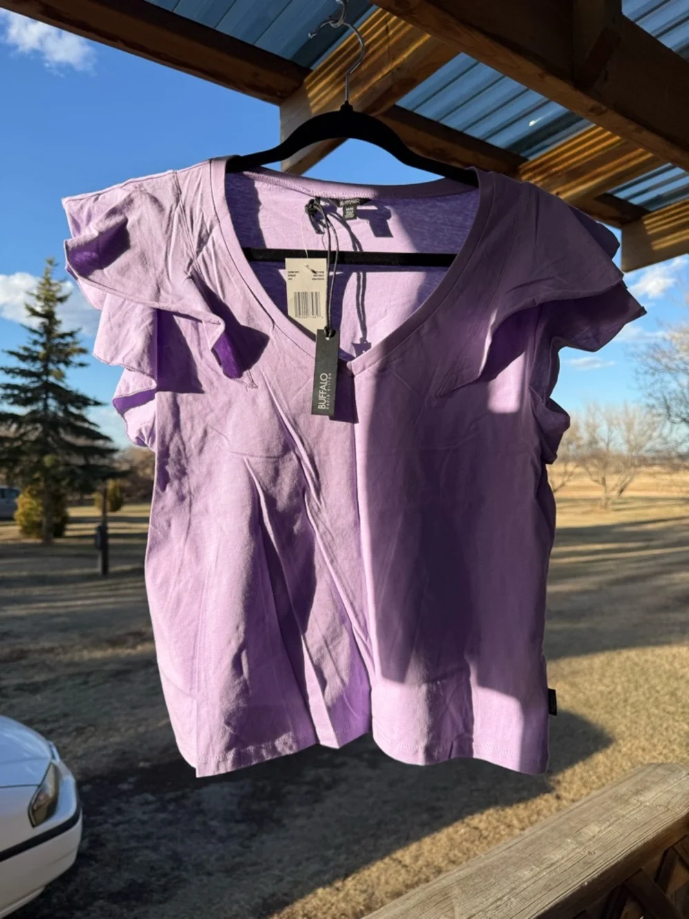 Buffalo David Bitton Lilac Ruffle Sleeve V-Neck Tee - Picture 2 of 9